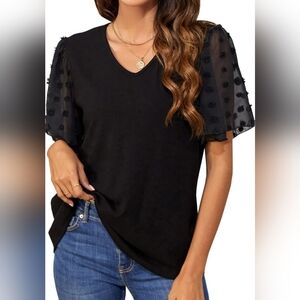 Size Small Women's Black V Neck Top Short Sleeve See Through Sleeves